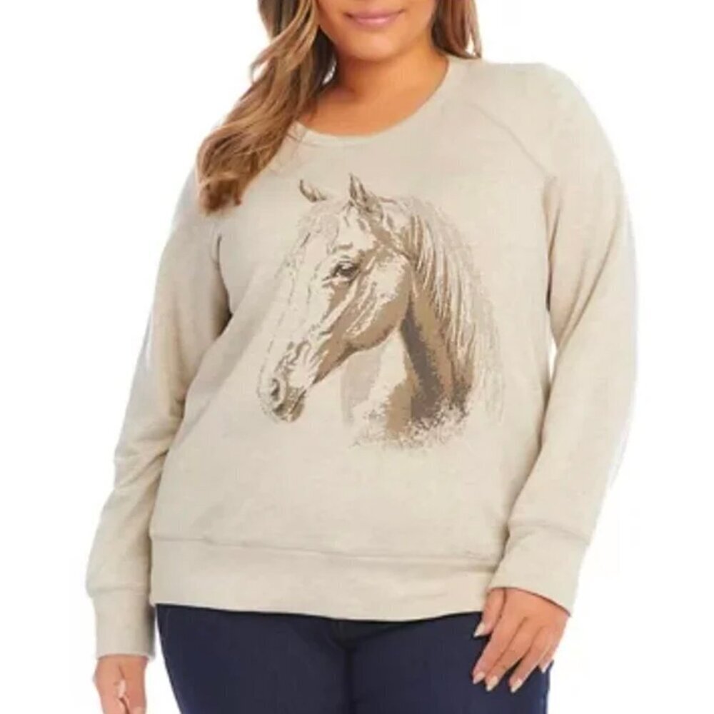 NEW Karen Kane Size 0X Horse Print Soft Pullover Sweatshirt Crew Neck Oat Tan
